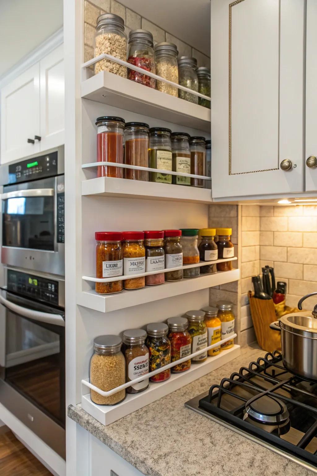 Kitchen corner shelves organized with spice jars.