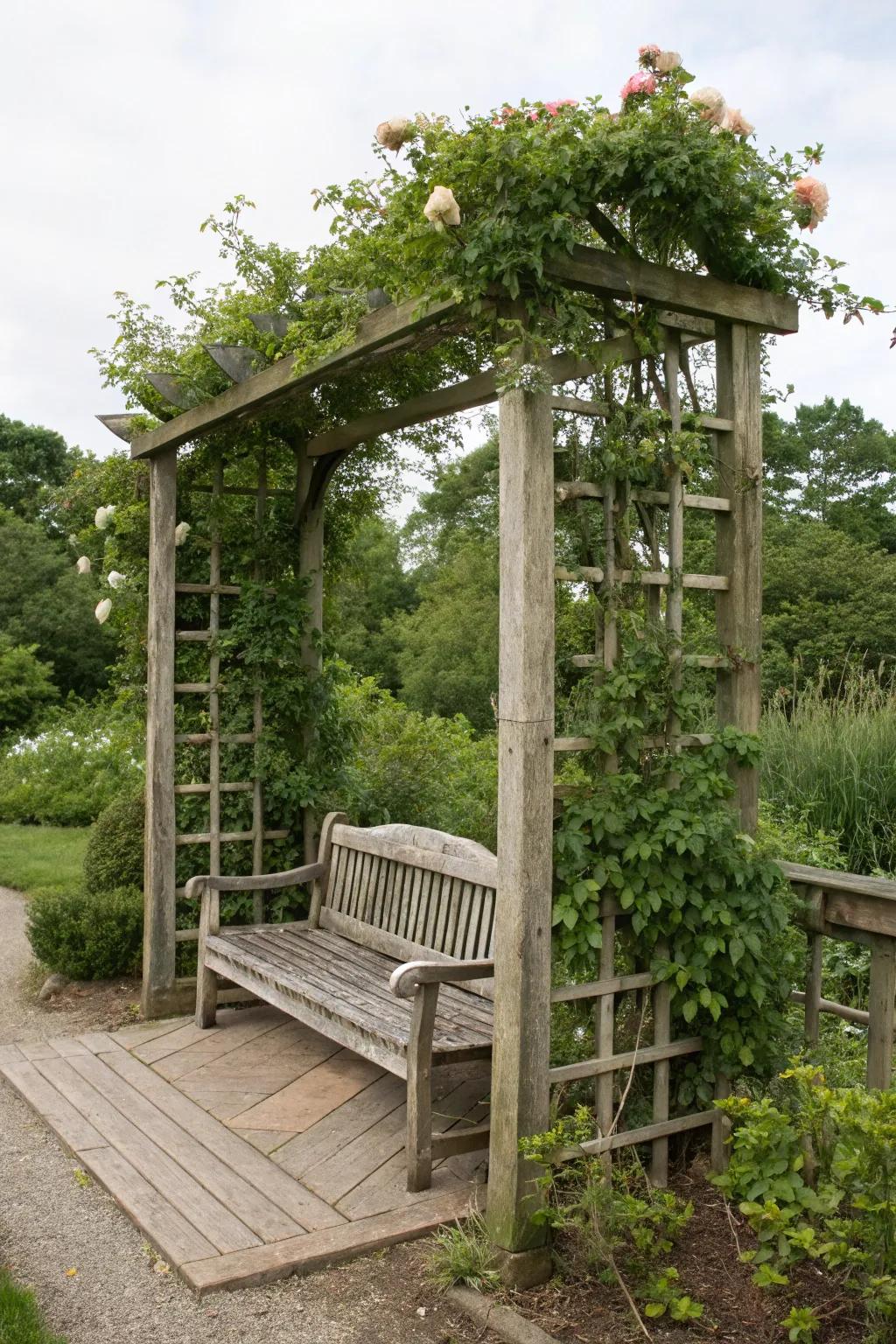 A trellis exhibiting a comfortable integrated seating space.