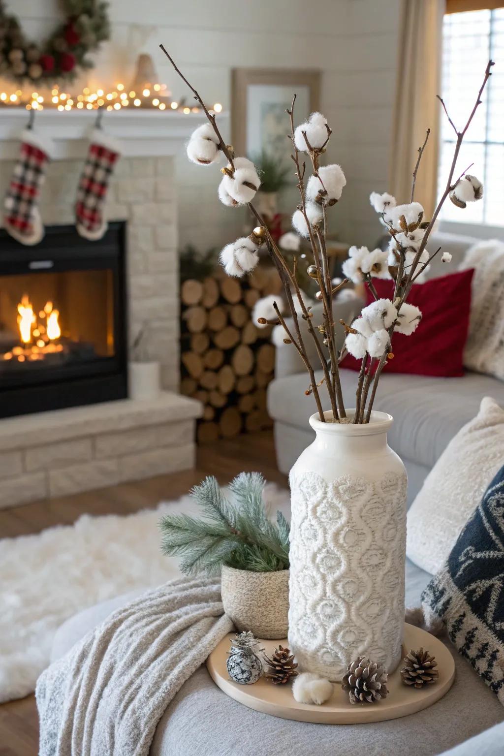 A winter wonderland created using snowy cotton stems.