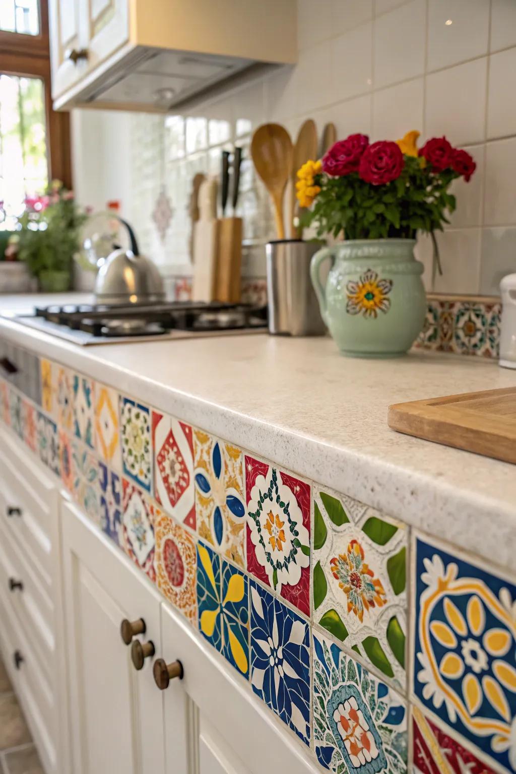 Artistic tile end treatments that introduce vitality and color into the cooking space.