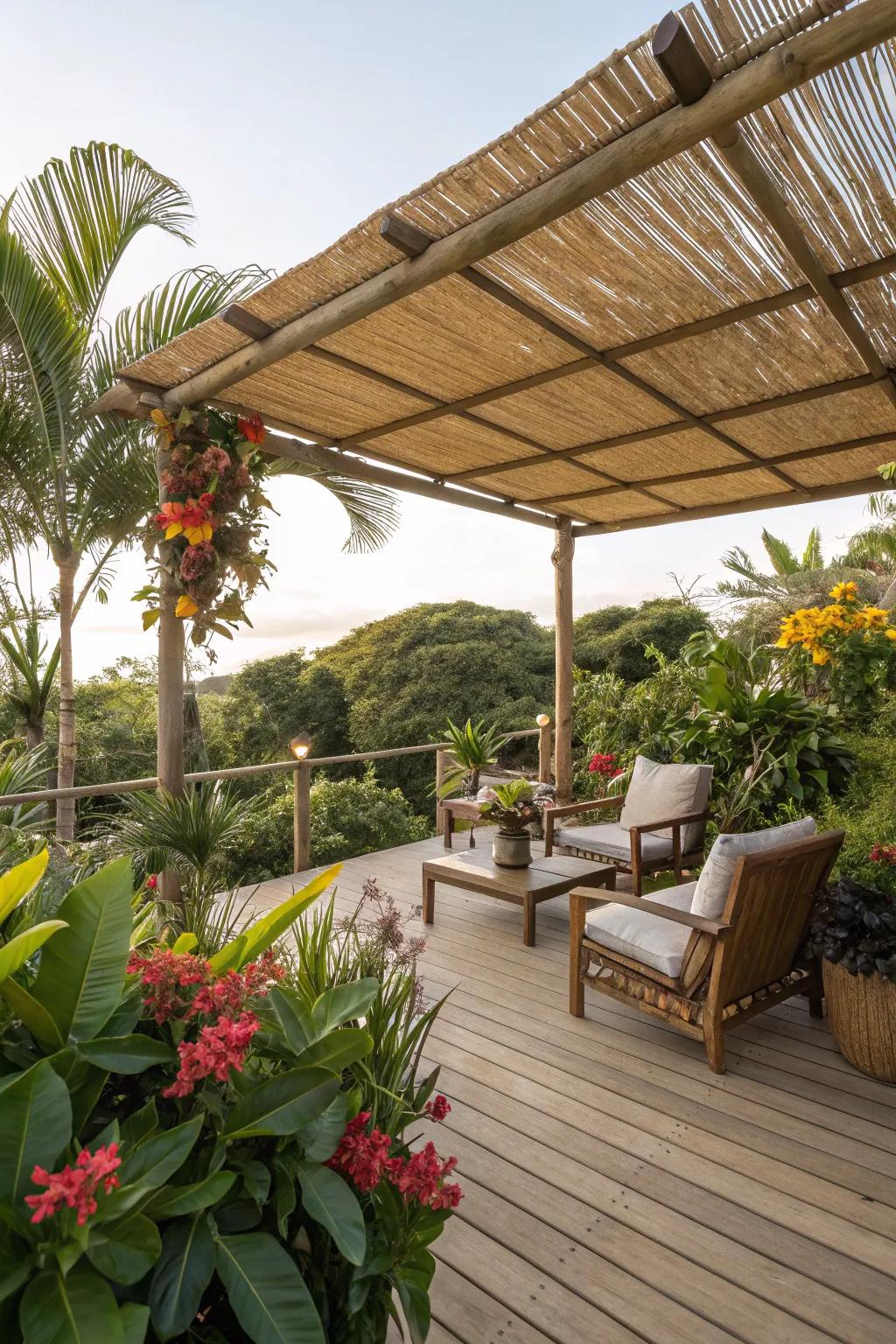 An exotic cane-covered deck for a tropical vibe.