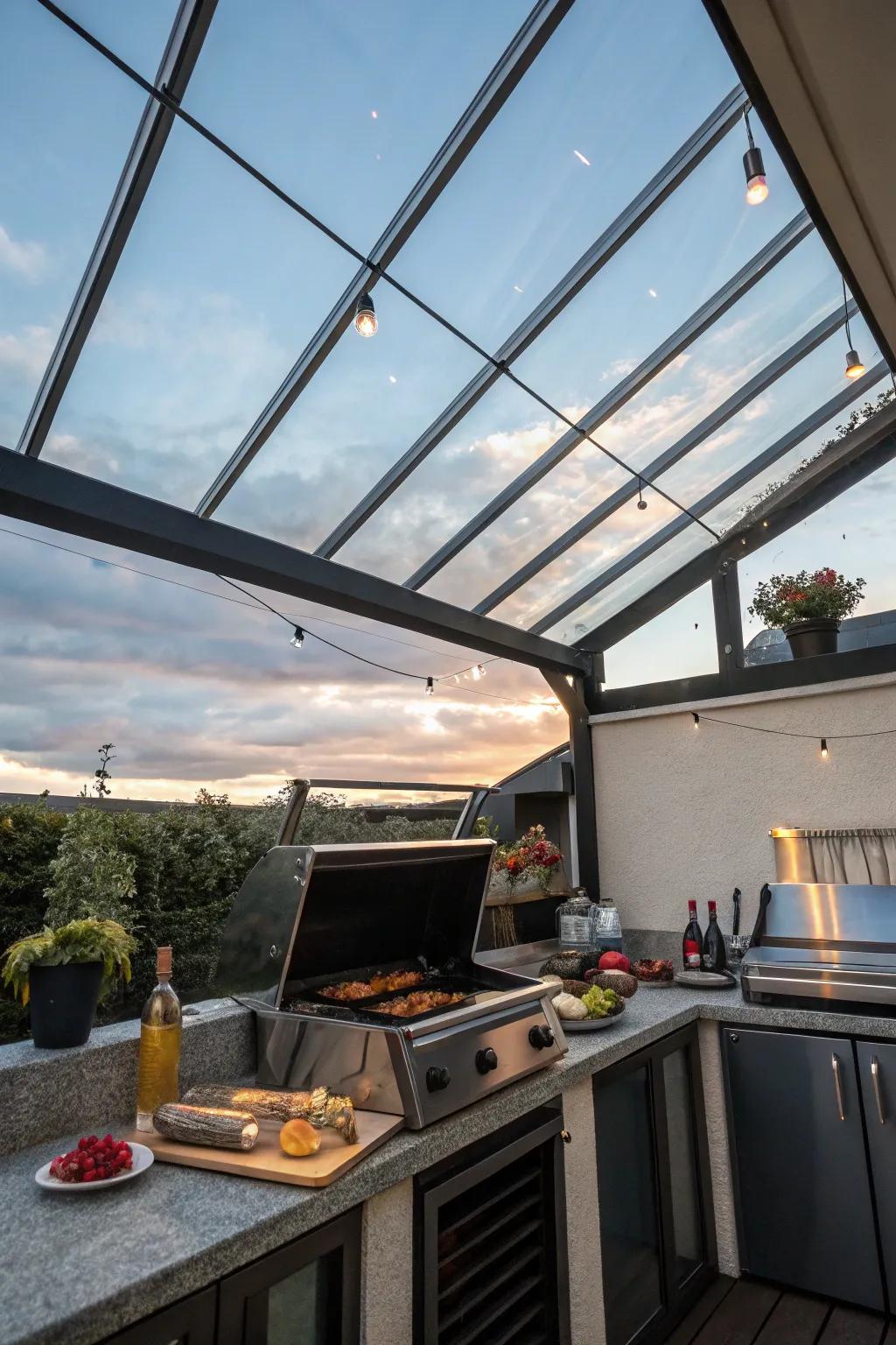A sophisticated glass rooftop providing protection and a view in a cooking area.