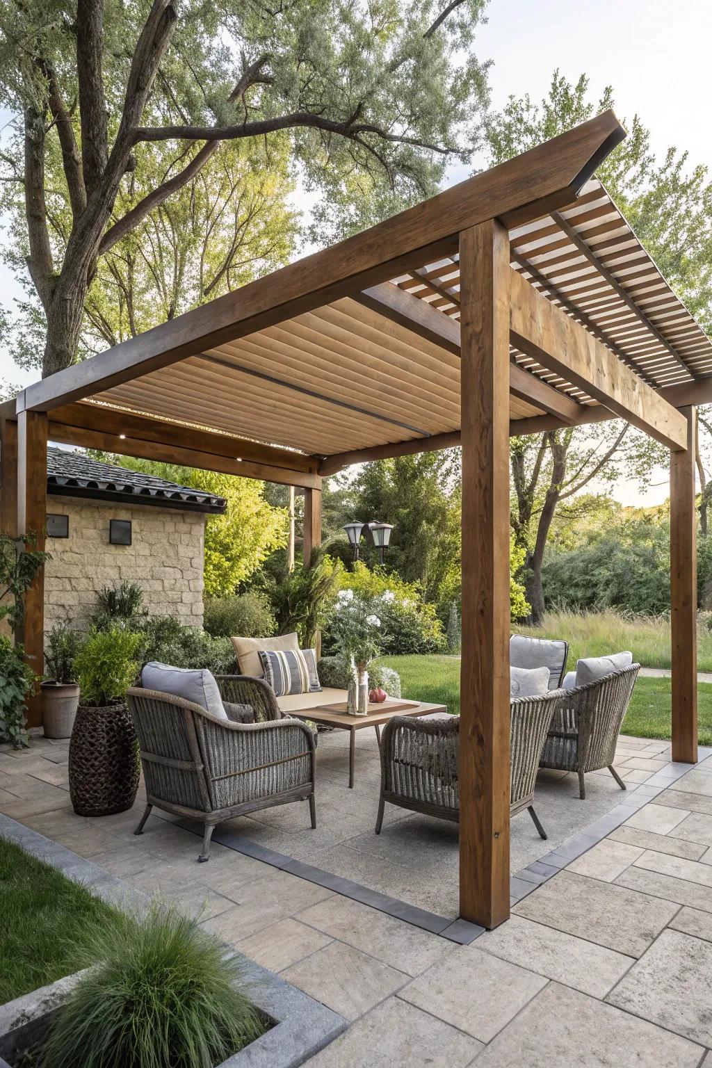 A lath timber arbor harmonizes sophistication and practicality for a shaded outdoor paradise.
