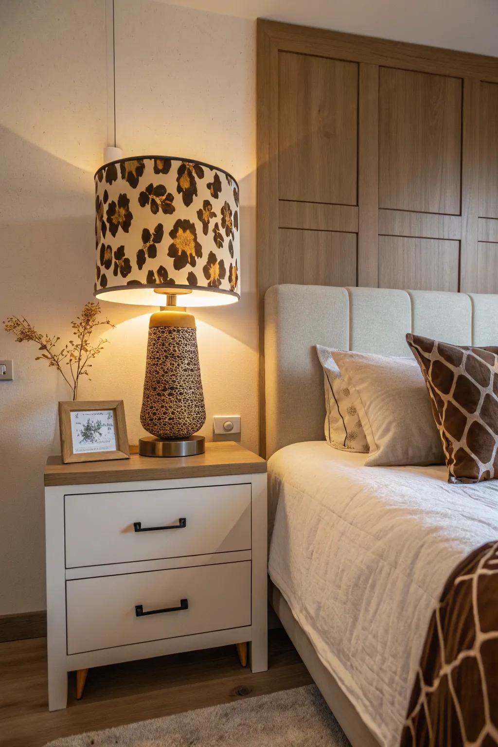 A wild animal pattern lampshade adds a whimsical touch to any room.