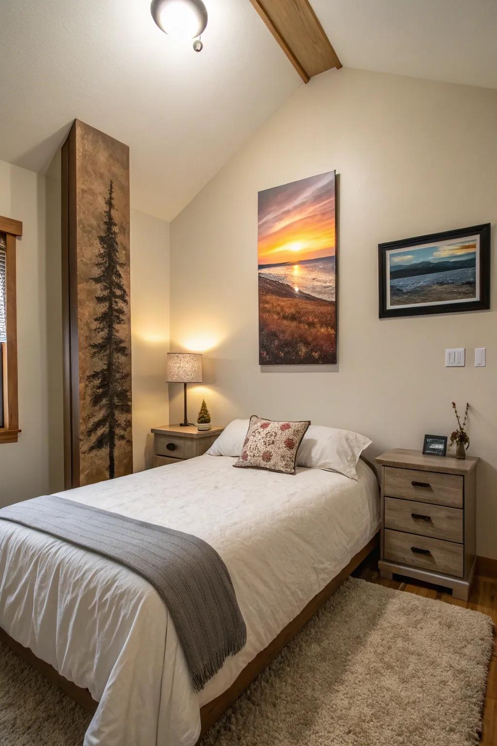 Perceived height techniques make compact bedrooms appear more spacious.