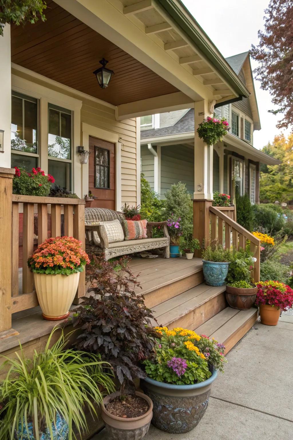 Periodic flora injects vitality and shading into the porch.