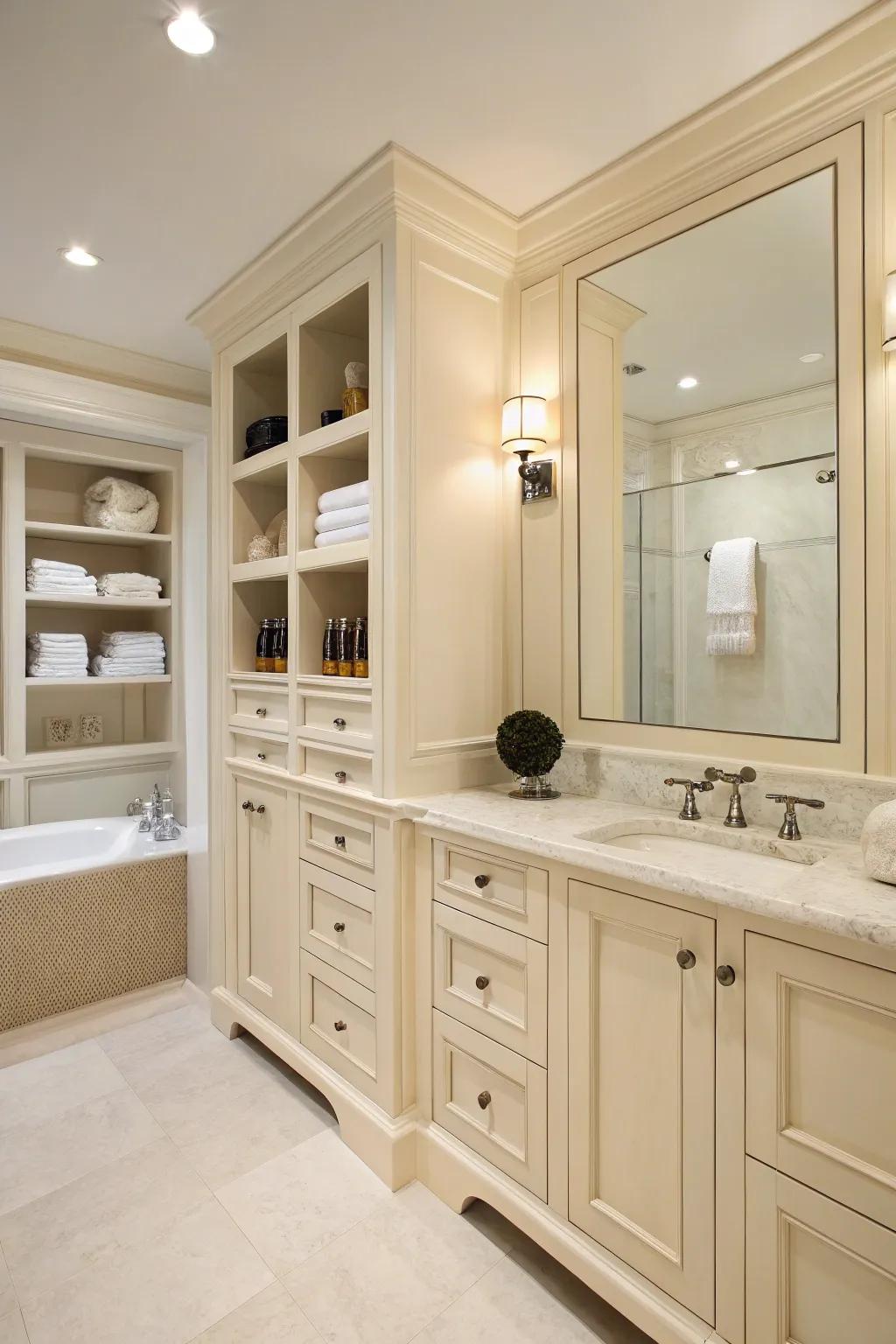 Extensive storage solutions maintain this cream bathroom systematized and tranquil.