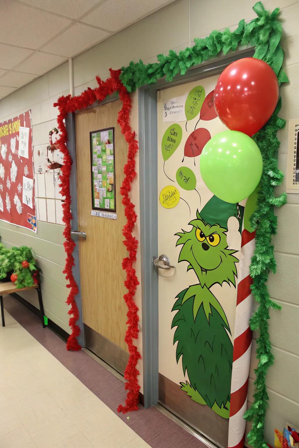 A classroom door remodeled into a whimsical Whoville scene featuring the Grinch.