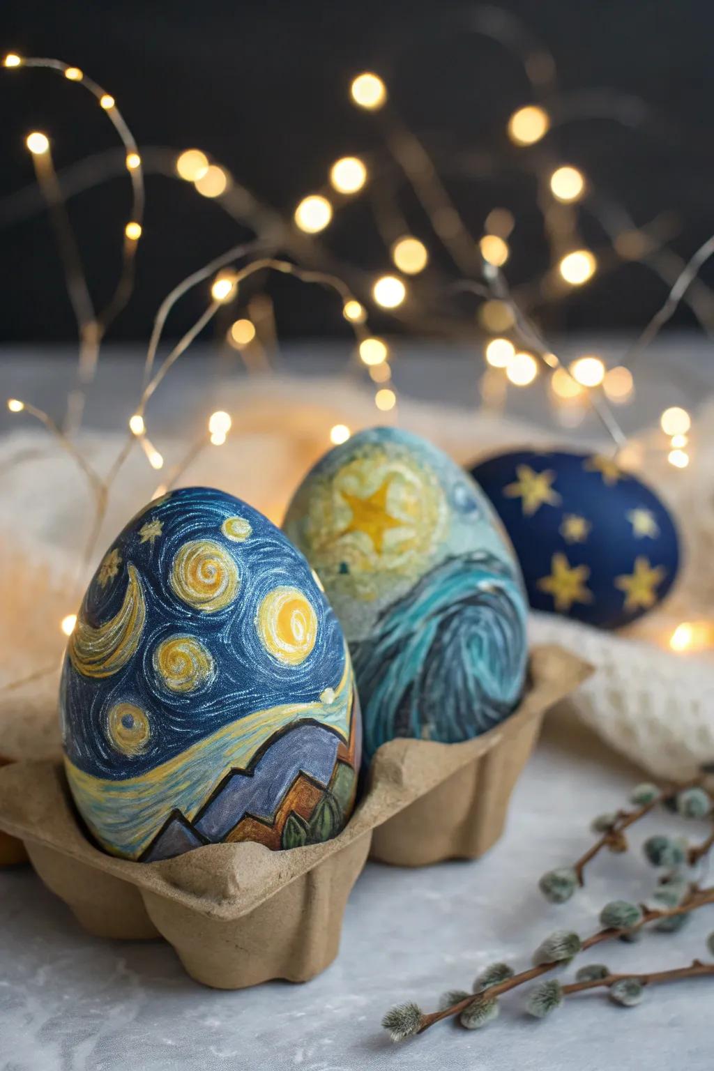 Twinkling cosmic eggs engendering a dreamy ambiance in nocturnal aesthetics.