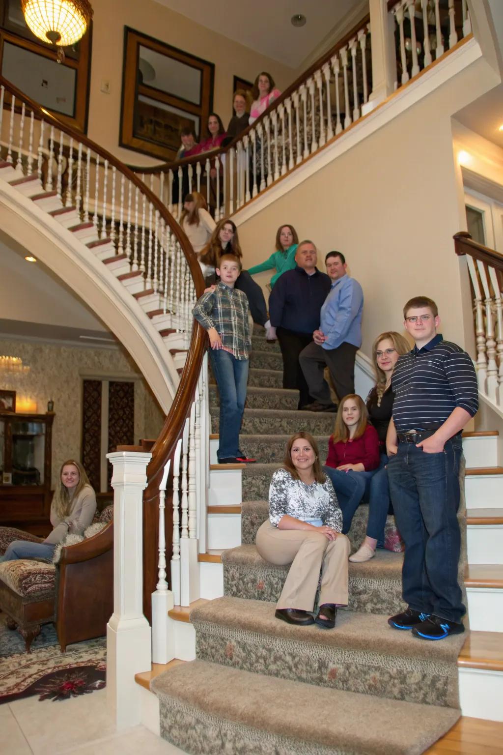 Stairways present built-in rows for inventive family photograph arrangements.