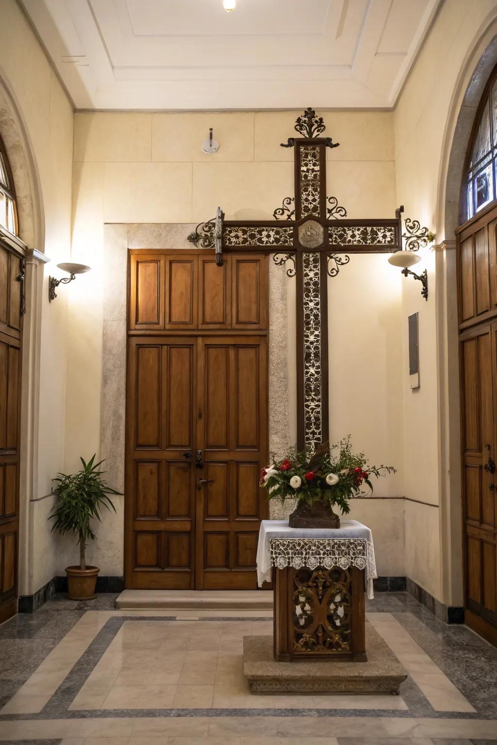 A stand-alone decorative cross in an entryway.