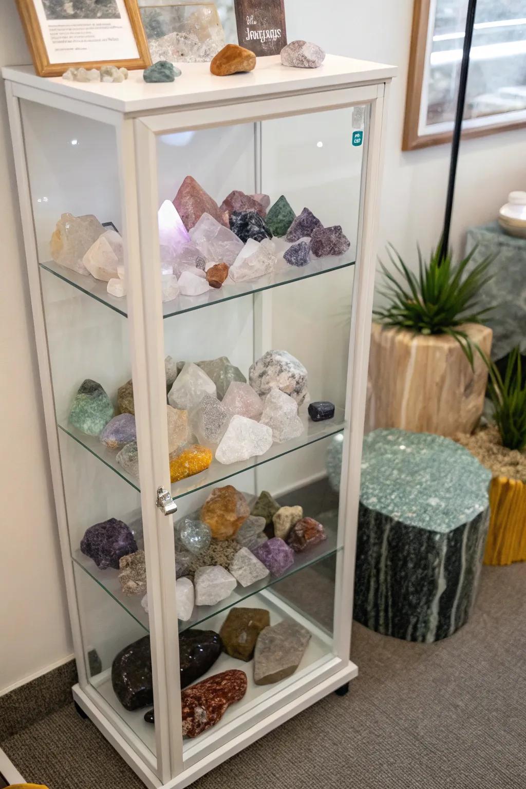 A transparent cabinet displaying an elegant collection of stones.