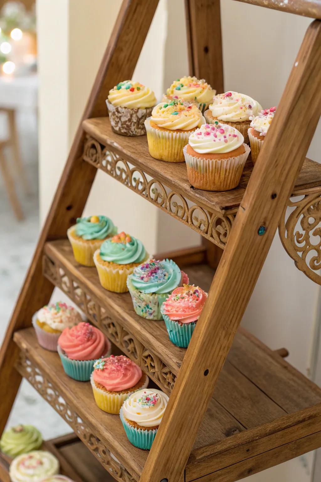 Ladder repurposed inventively as a unique cupcake display.