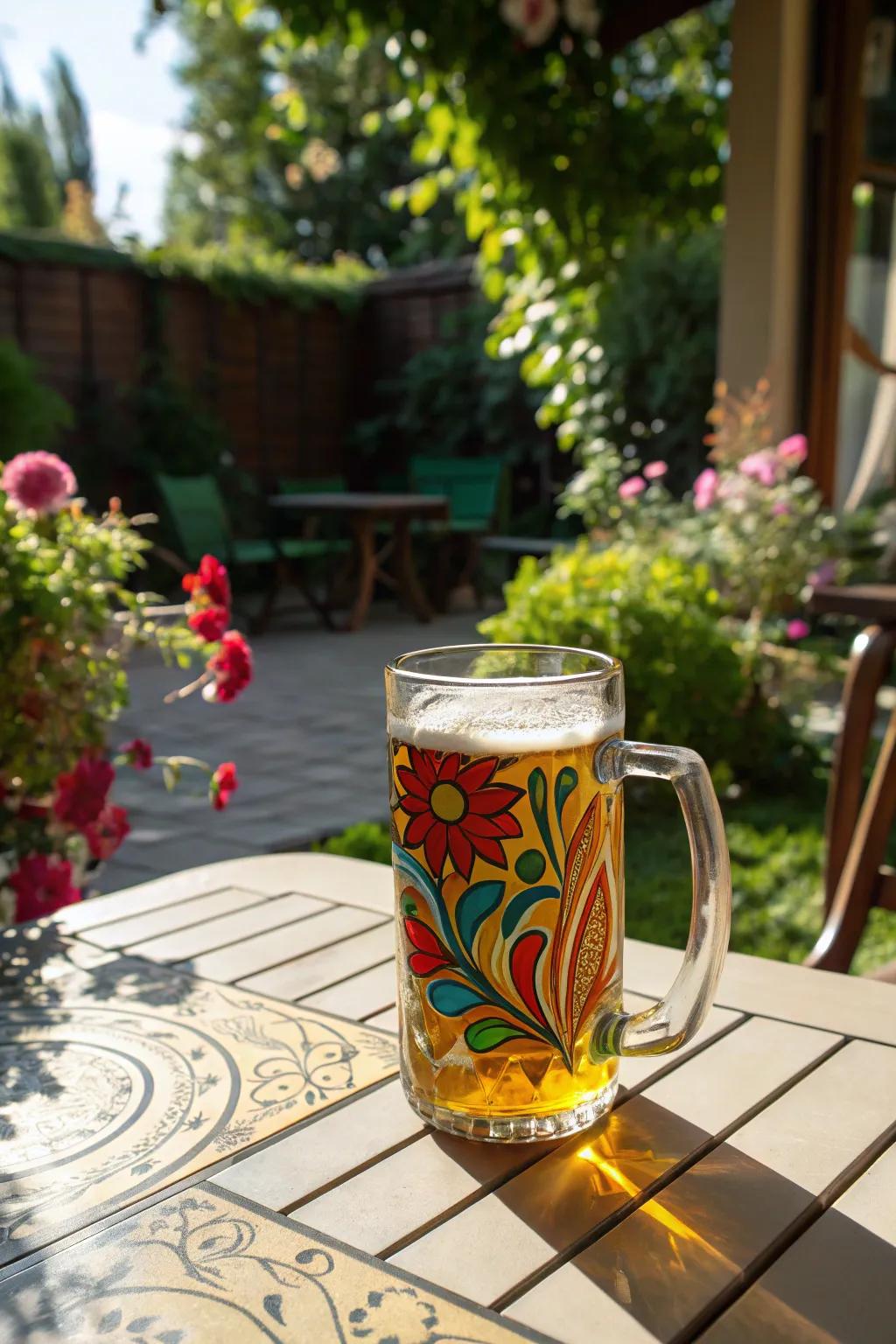 Vivid hues transform beer mugs into captivating artworks.