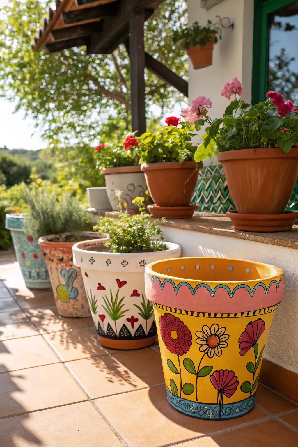 Hand-painted floral containers infuse vibrant charm into any garden.