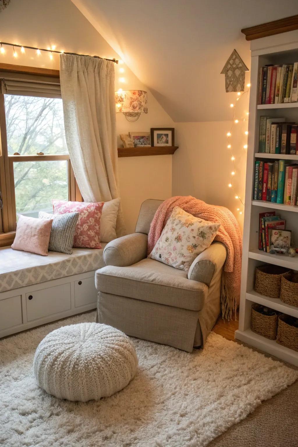 An inviting sanctuary for reading and relaxation within a shared room.