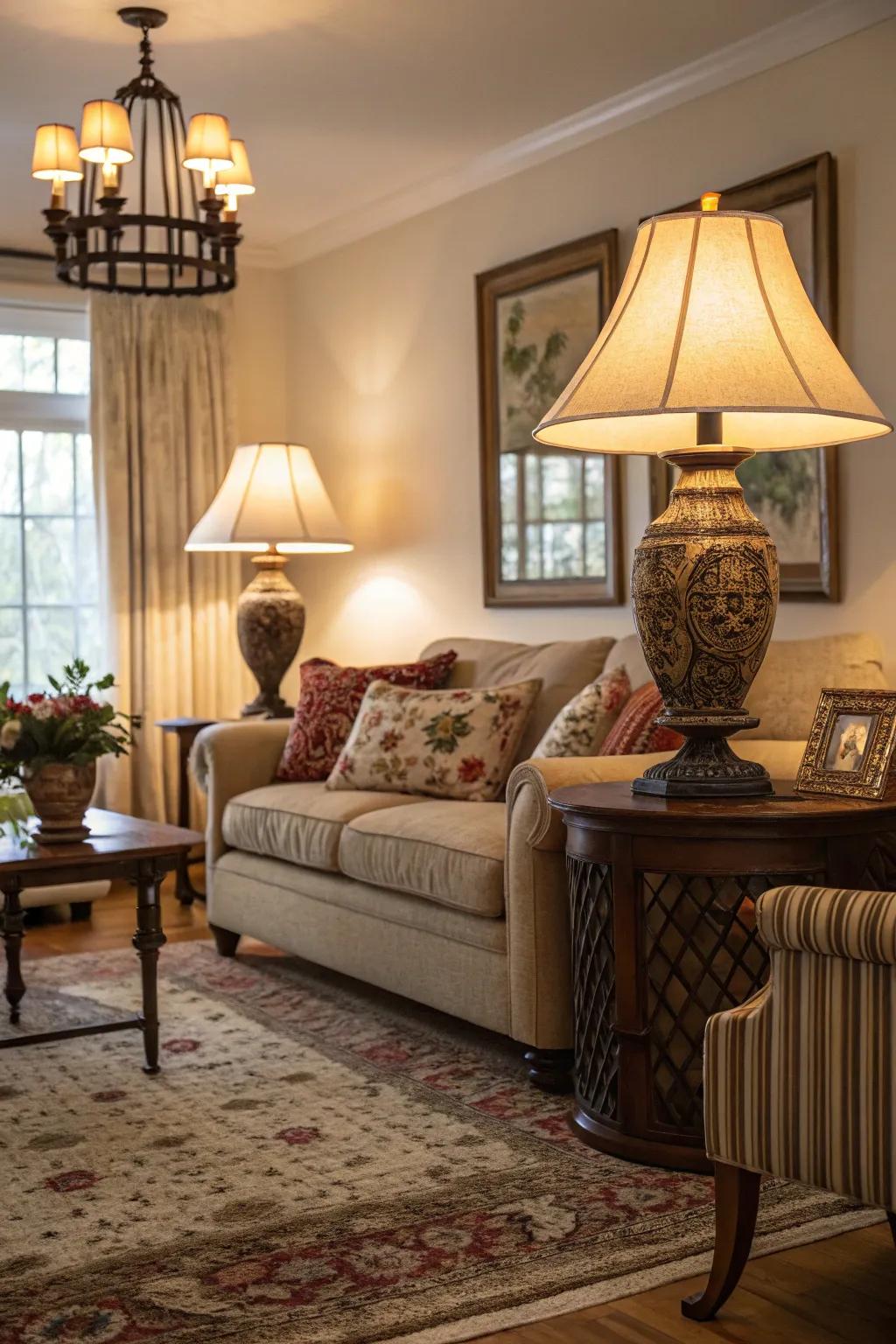 Layered illumination crafting a warm and inviting atmosphere.