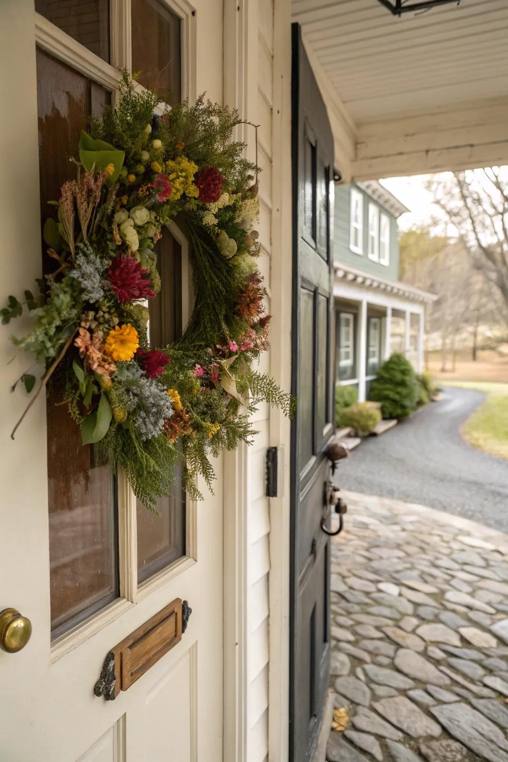 A seasonal circlet door adornment that metamorphoses with the seasons.