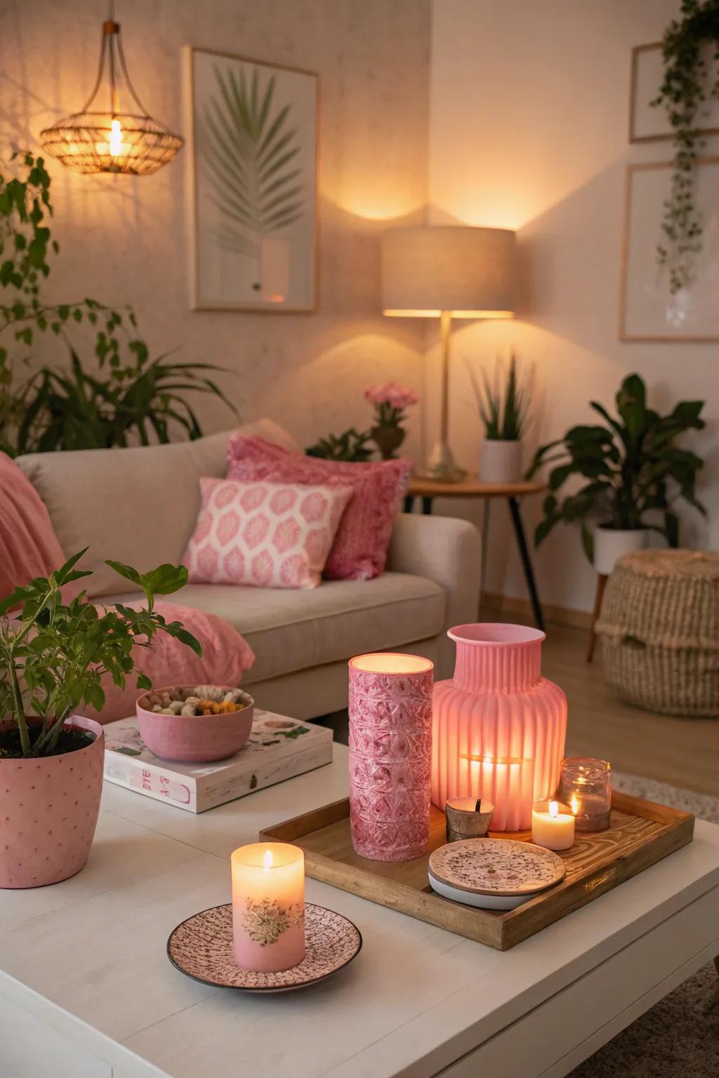 Rose-toned ambient illumination fashions a cozy atmosphere.