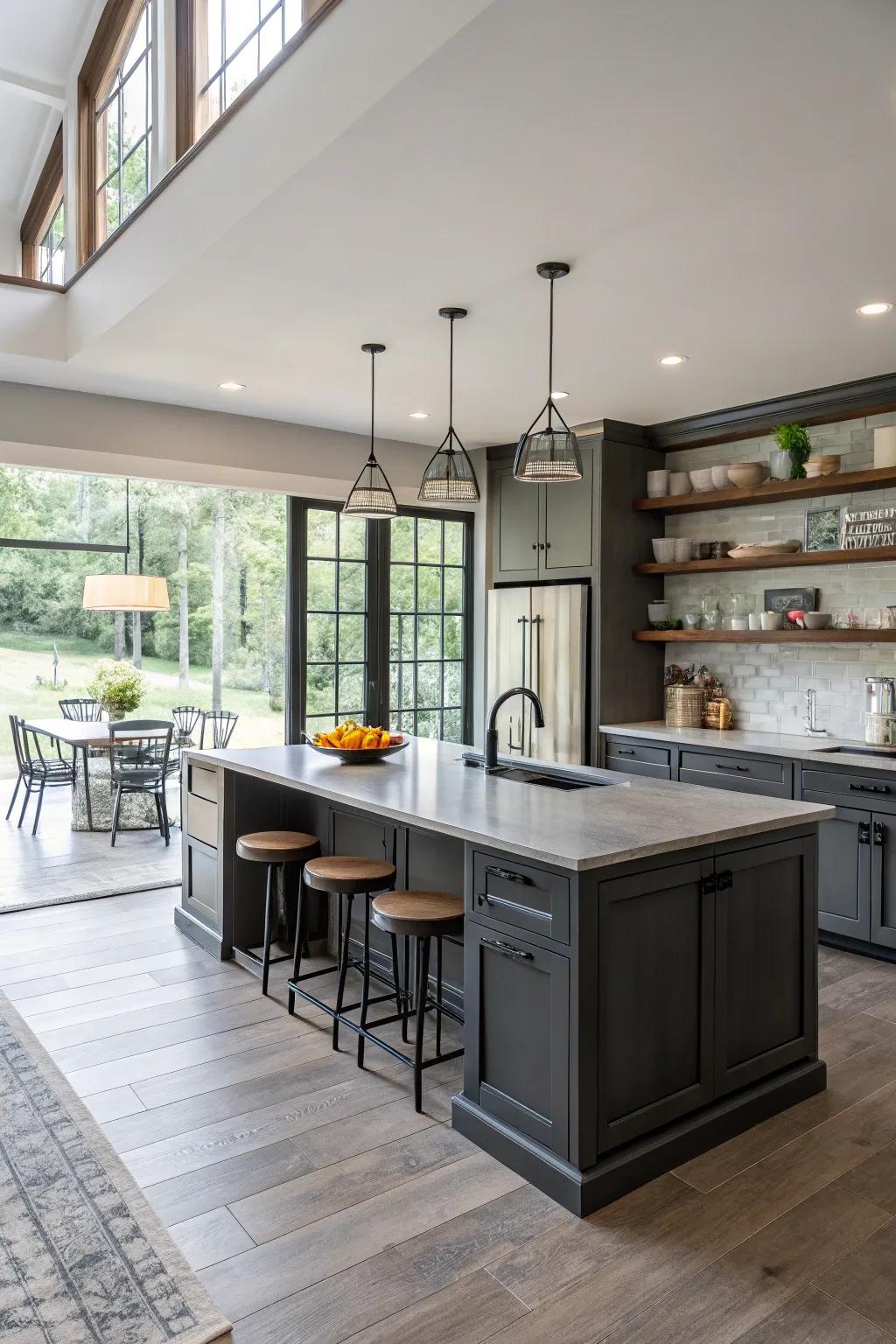 The central island in deep gray serving as a captivating centerpiece.