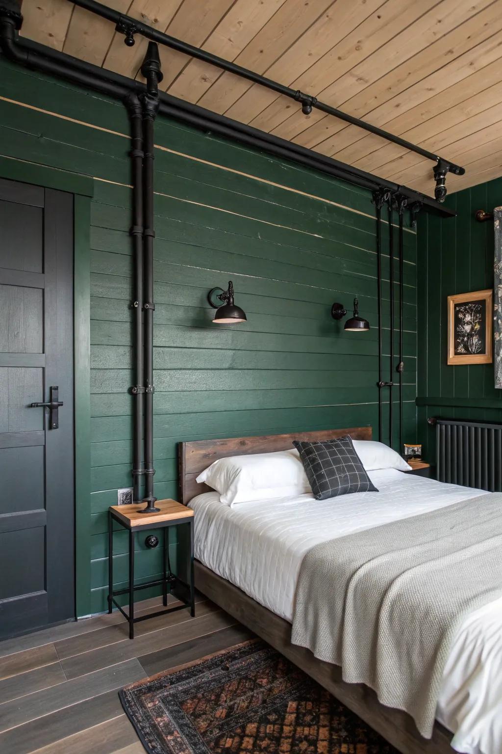 Deep green shiplap walls contribute texture and warmth.