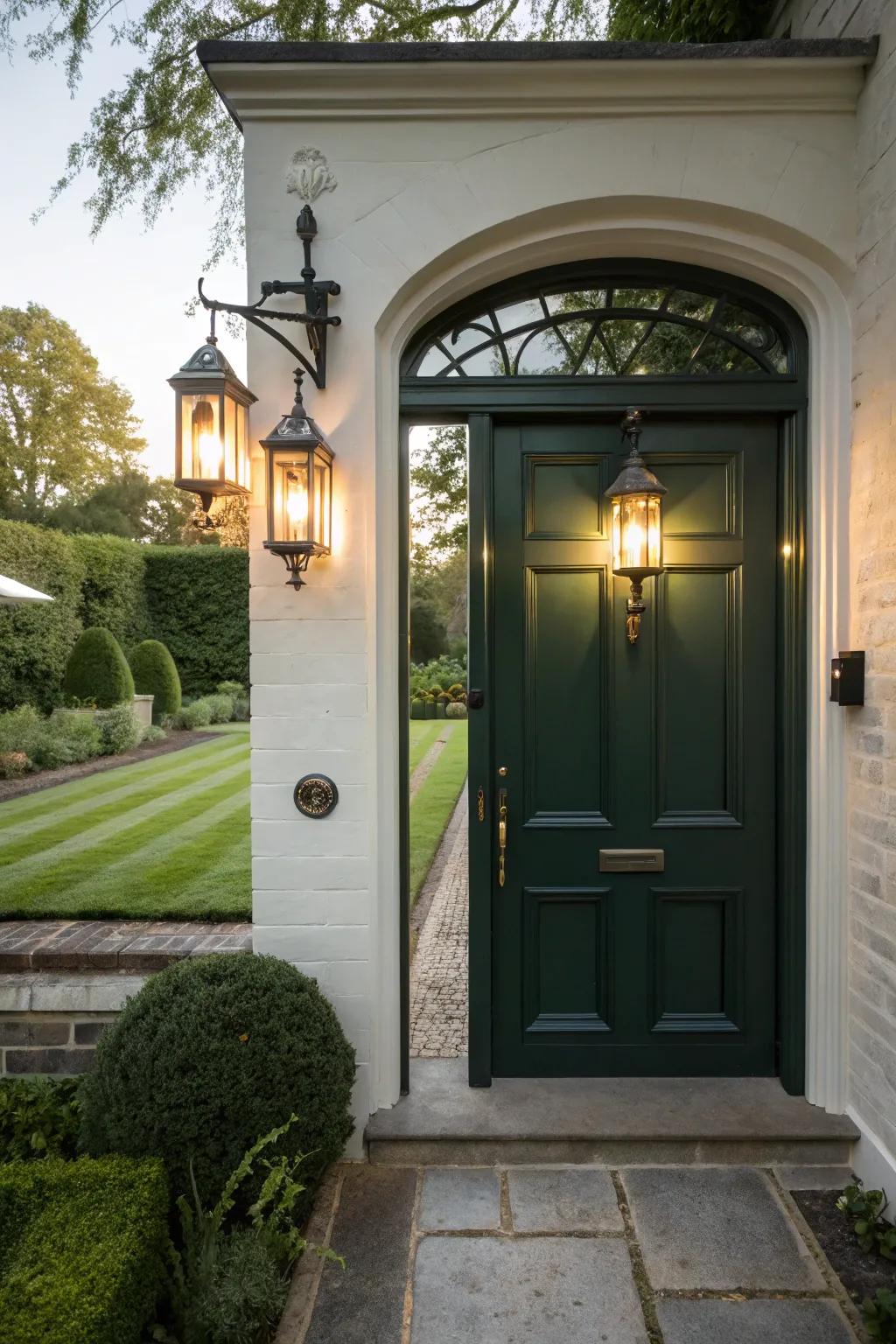 Sconce-mounted beacons brighten the entry, bringing warmth and elegance.