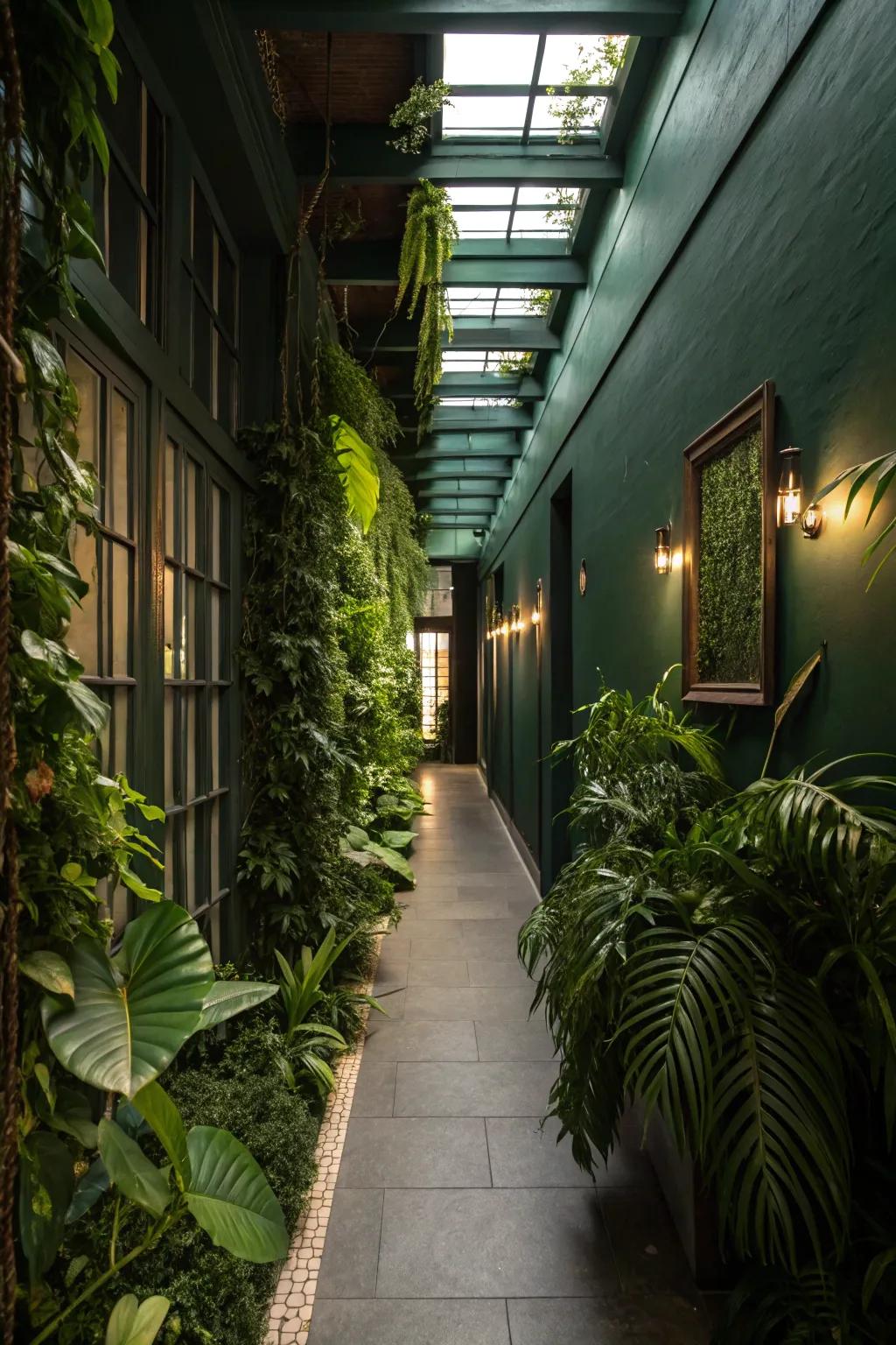 Plants introduce natural textures to this hallway in dark green.