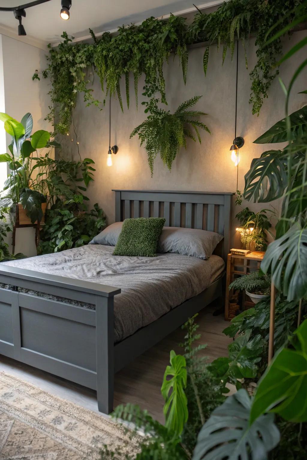 Greenery brings life and contrast to a bedroom with a dark grey bed frame.