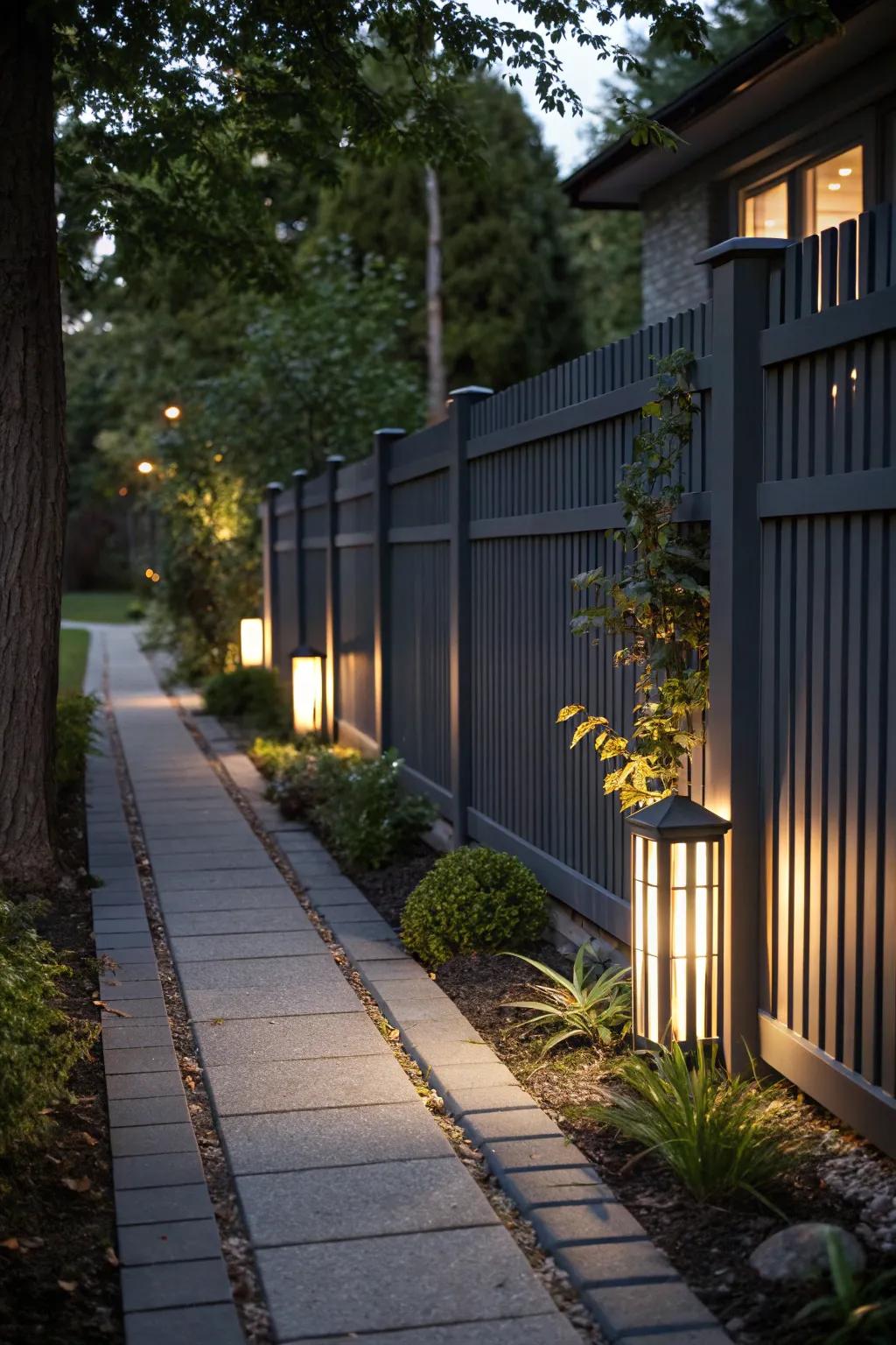 Outdoor lighting on a charcoal-toned fence creates enchanting light and shadow effects.