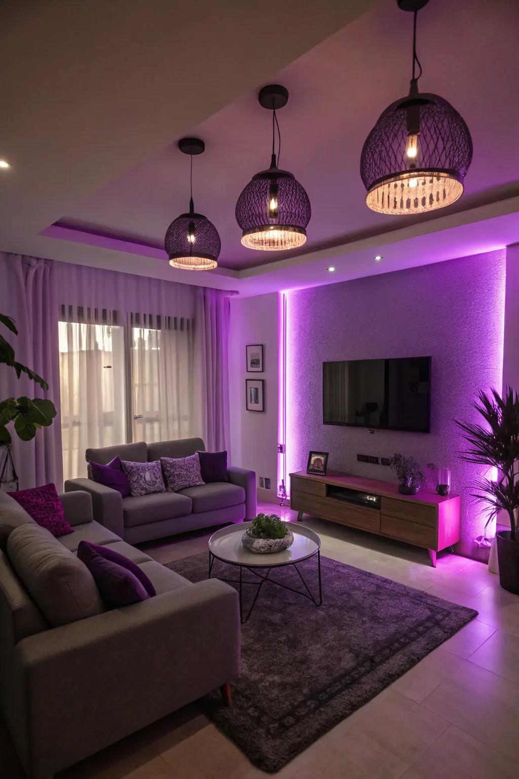 Violet lighting casts an enchanting glow over this cozy living area.