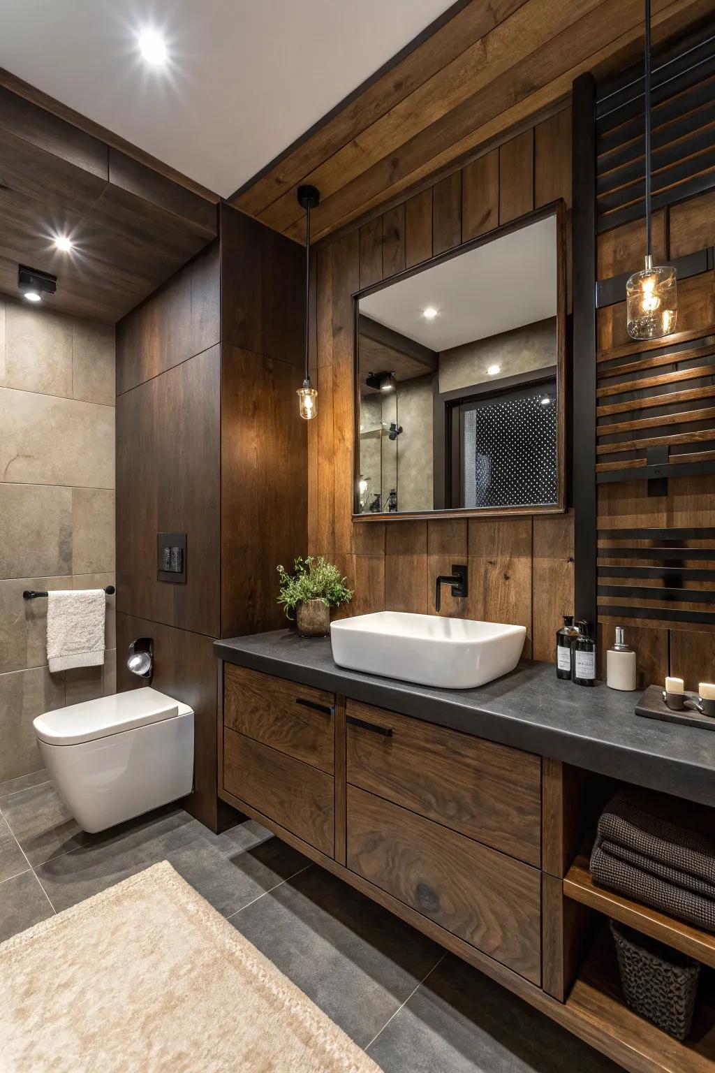 Modern fittings grant a current edge to this bathroom featuring deep wood.
