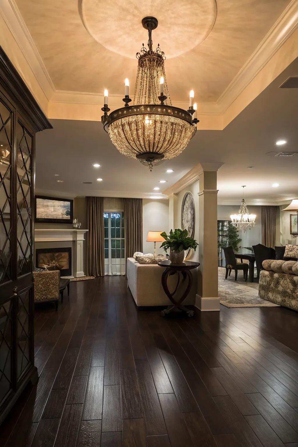 A striking chandelier adds interest to a room featuring dark wood floors.