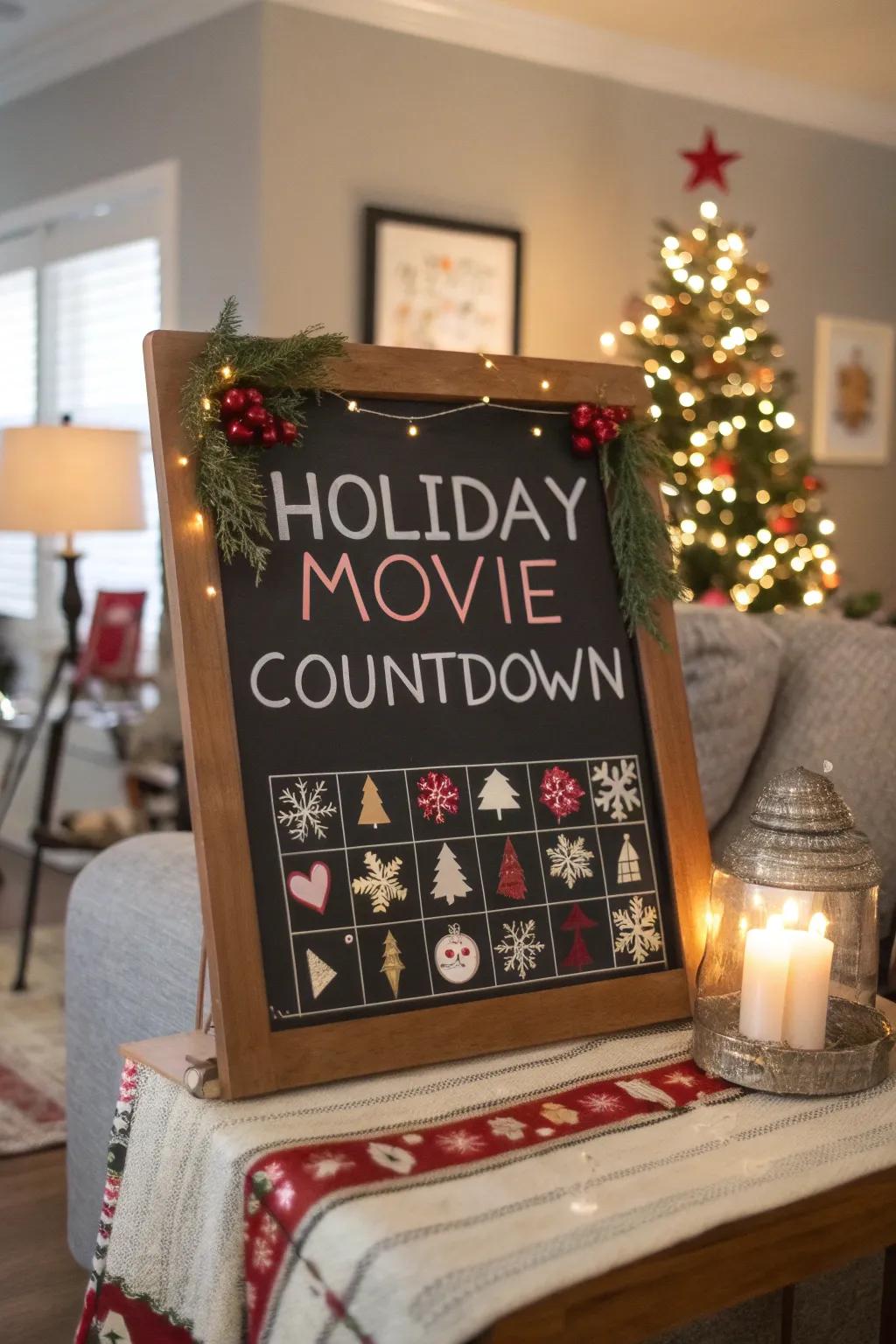 A holiday film-themed chalkboard calendar for inviting evenings in.