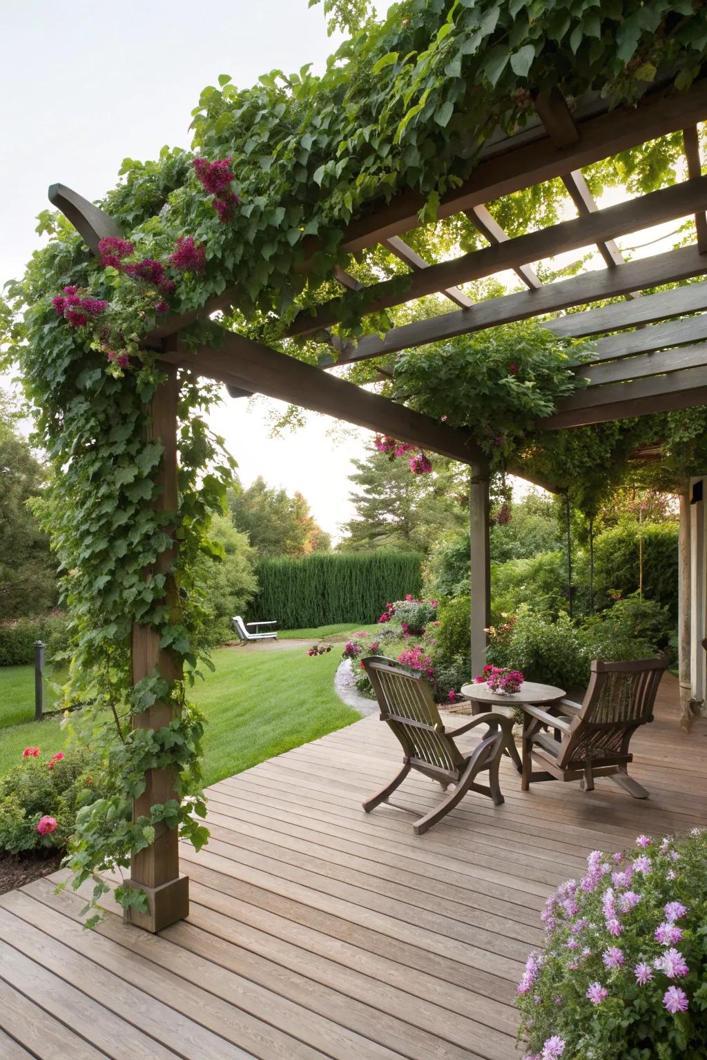 A pergola appends structure and shade to this welcoming deck space.