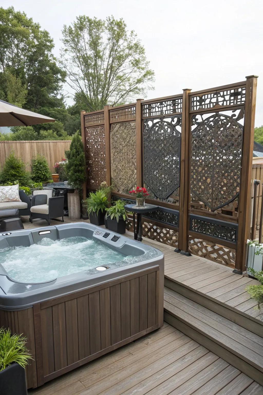 Privacy screens create a private hot tub.