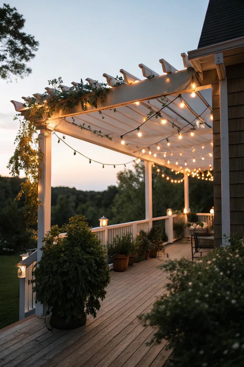 A pergola illuminated with twinkle lights, ideal for evening gatherings.