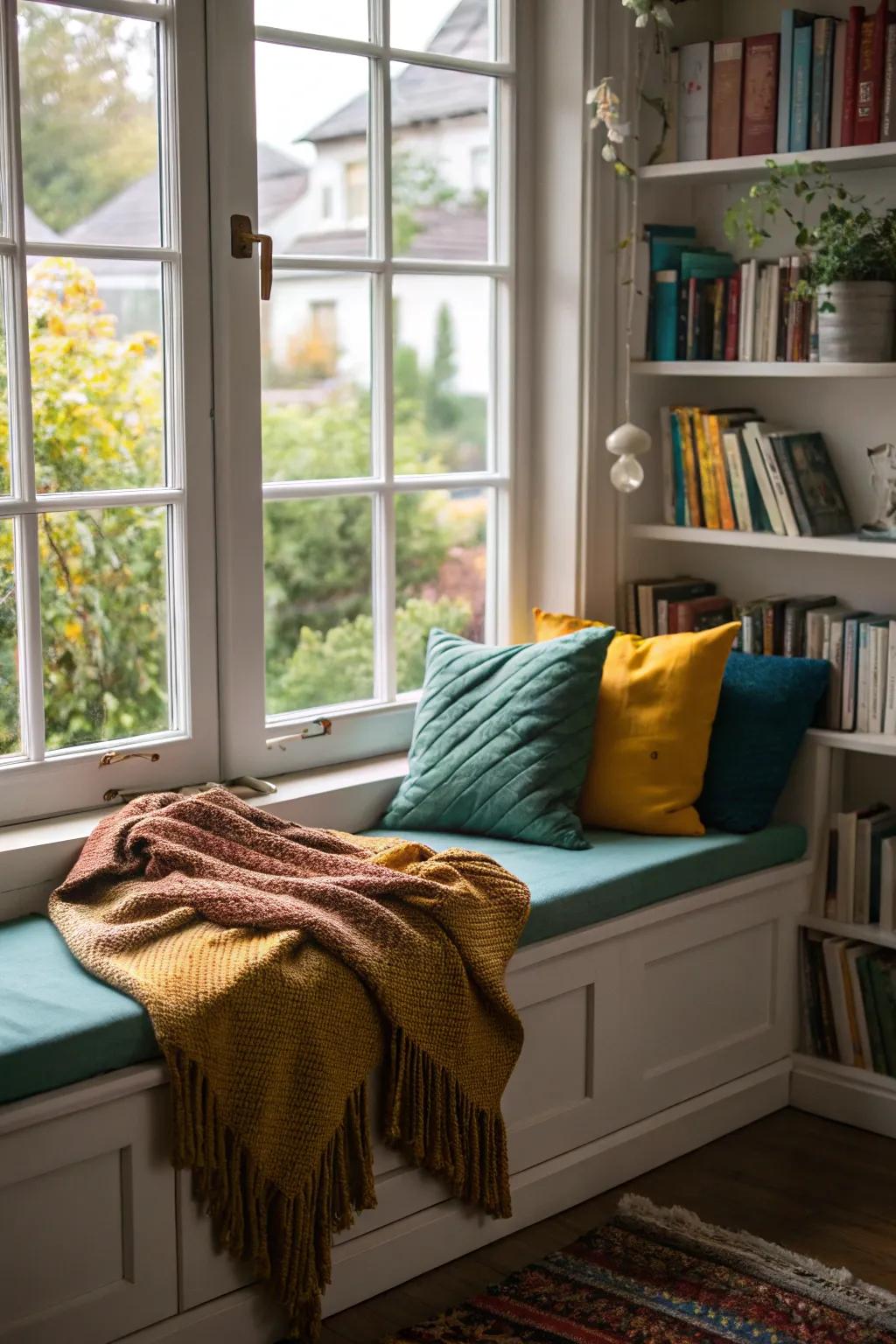 Window seats with cushions offer a perfect retreat for relaxation and reading.