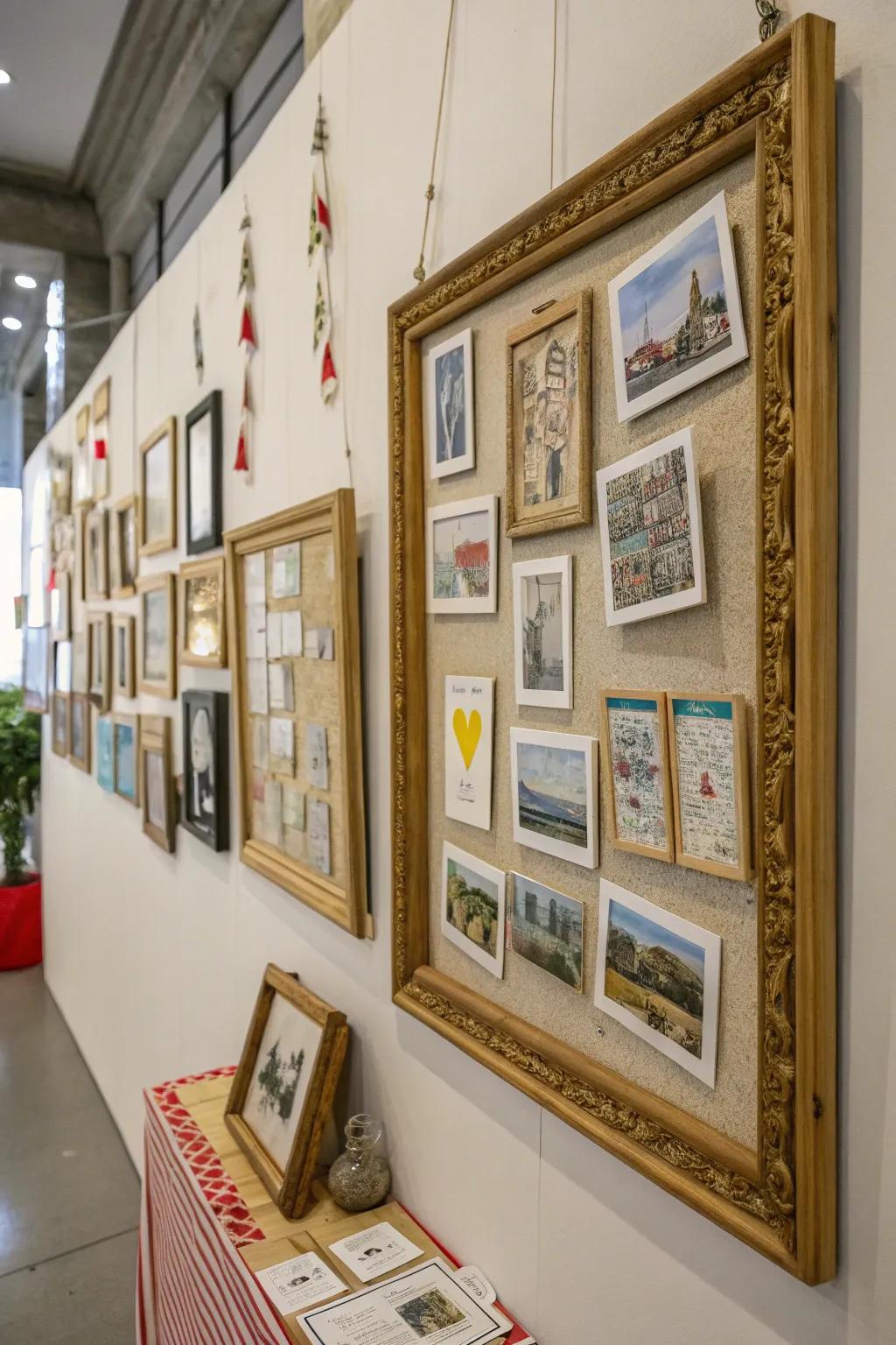 Creative usage of frames with interesting items provides appeal and discussion to decor.