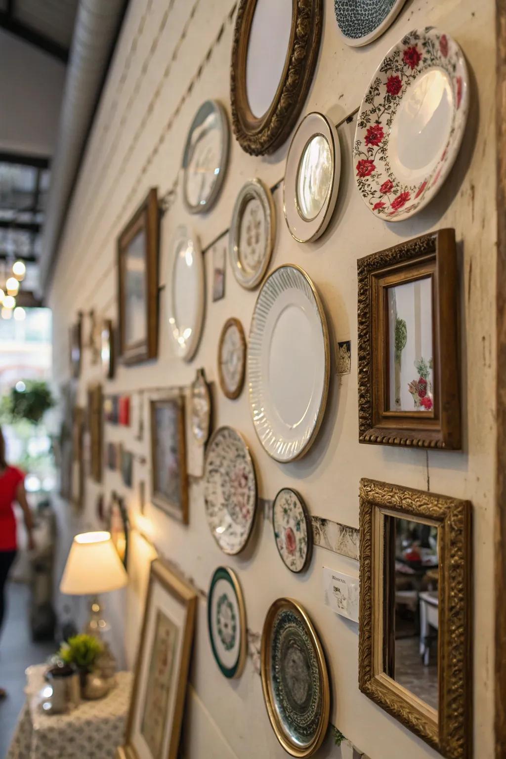 Plates mixed with mirrors and artwork for a layered result.