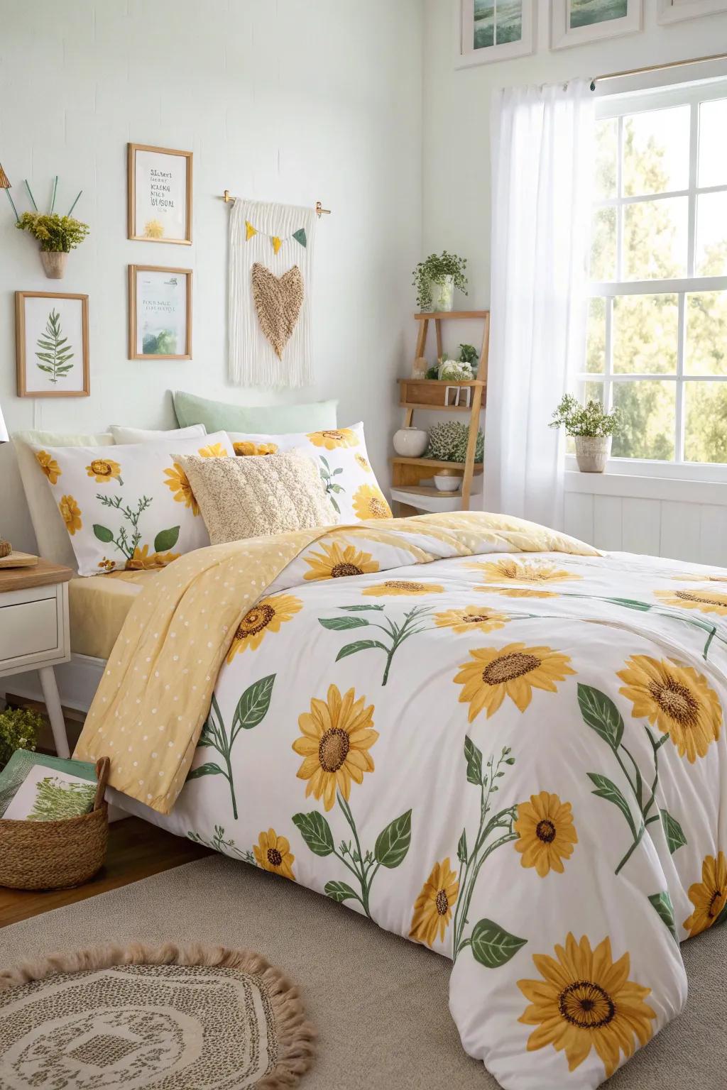 Sunflower bedding bestows a cheerful highlight to your intimate getaway.
