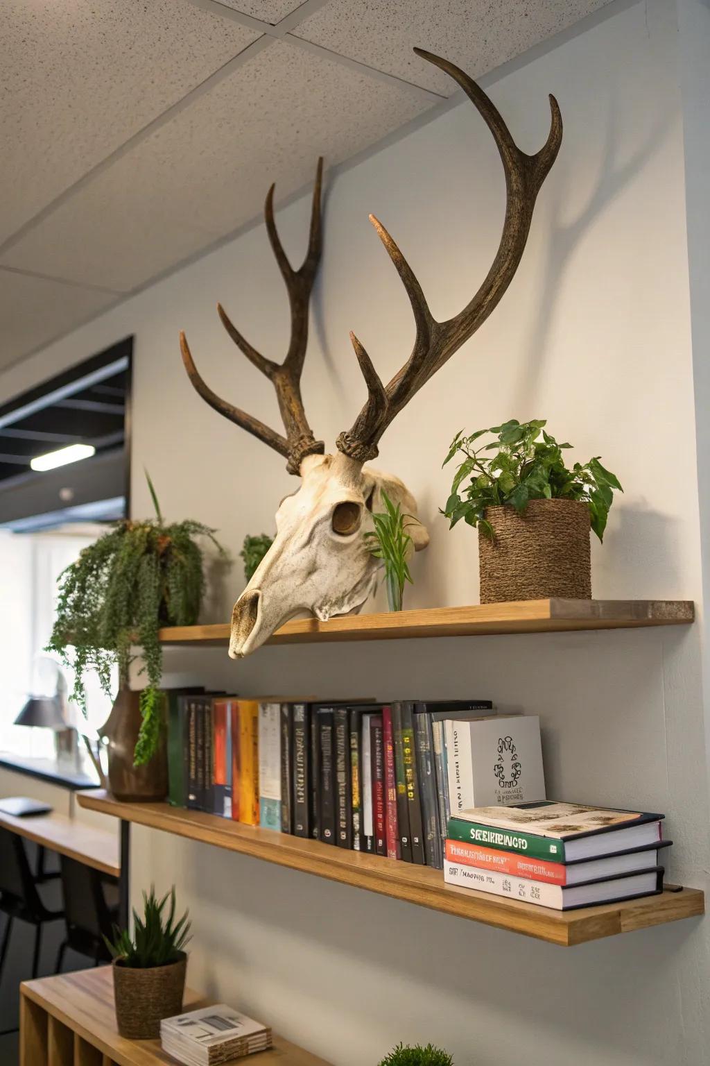 A floating platform staging adds depth to a deer skull display.