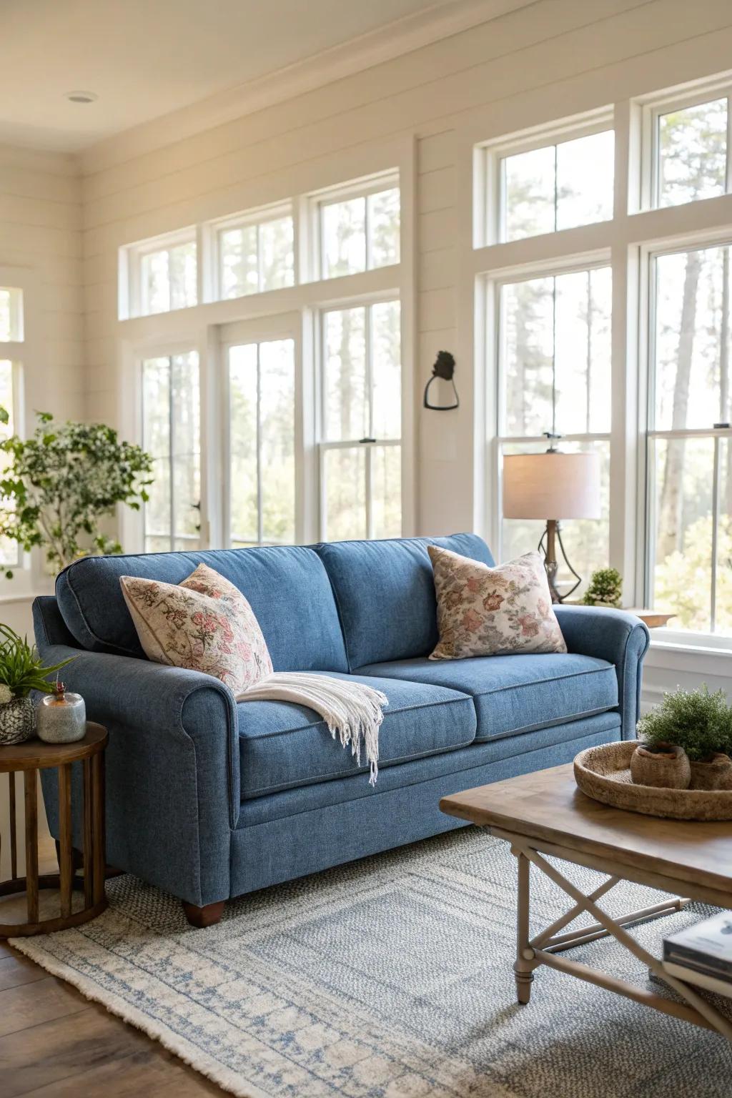 Natural illumination intensifies the allure of a cerulean couch.