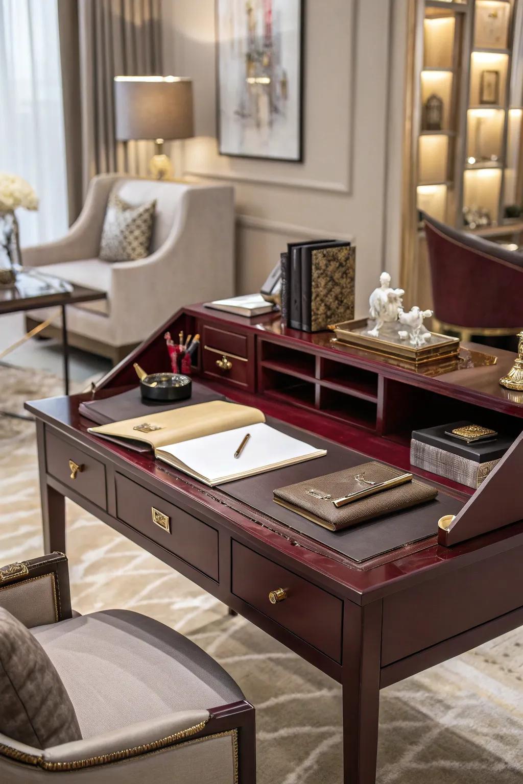 Burgundy desks bring a touch of regal elegance to your office.