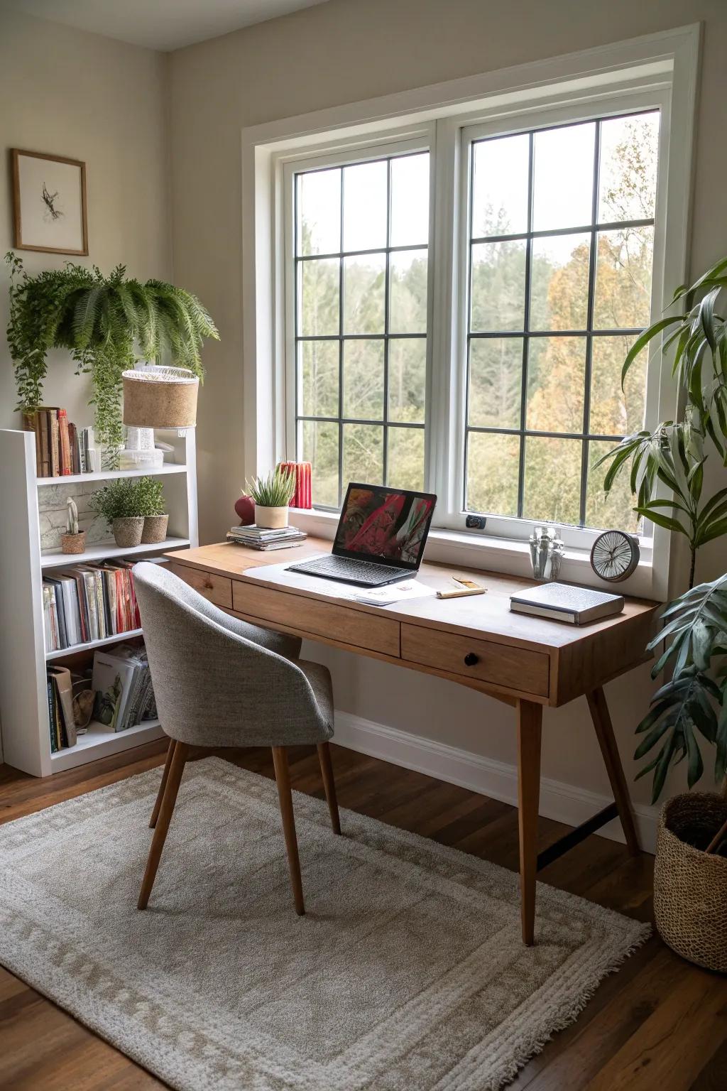 A soft rug introduces texture and warmth to the workspace.