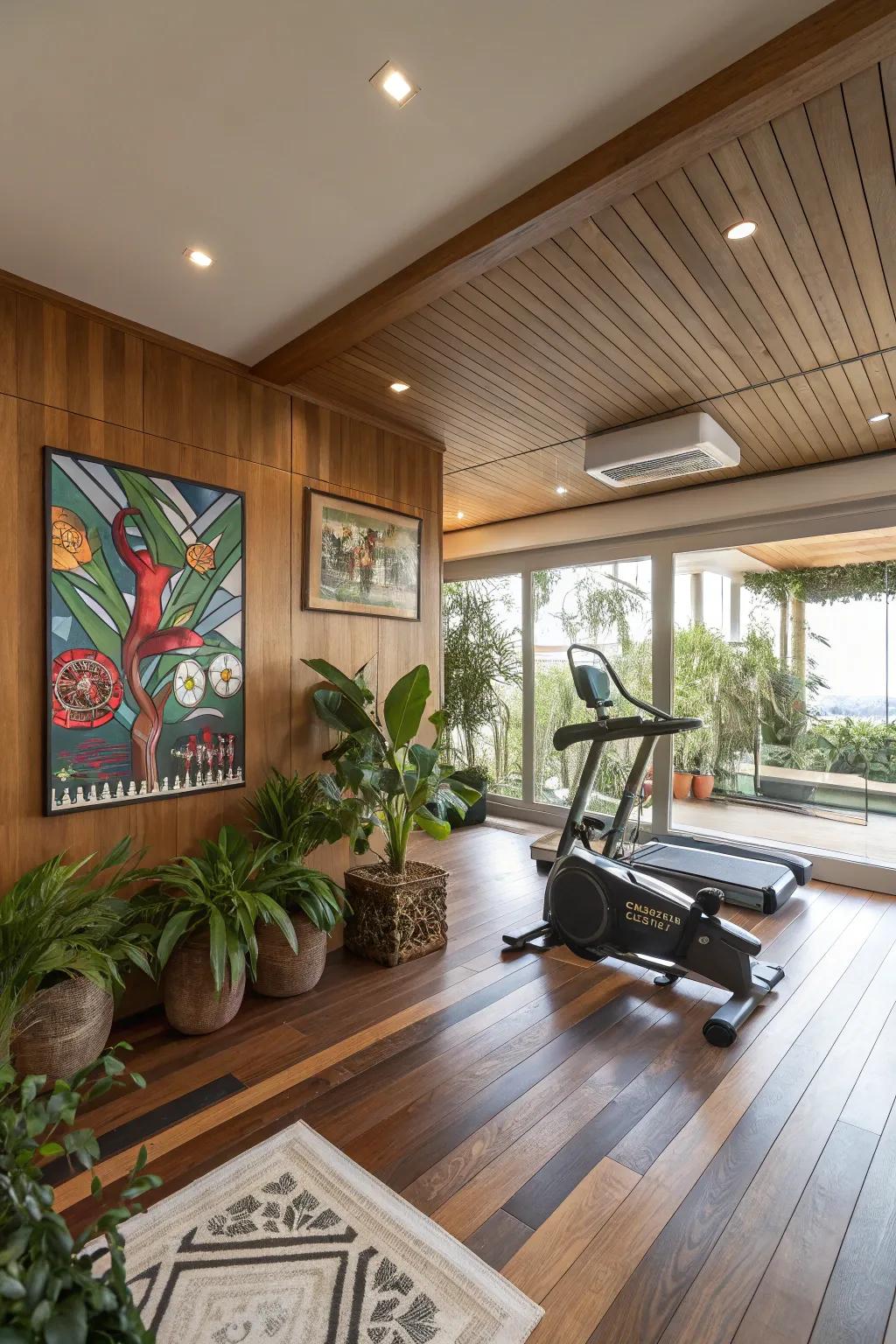 A stylish home gym with wooden elements and art, offering a warm and inviting atmosphere.