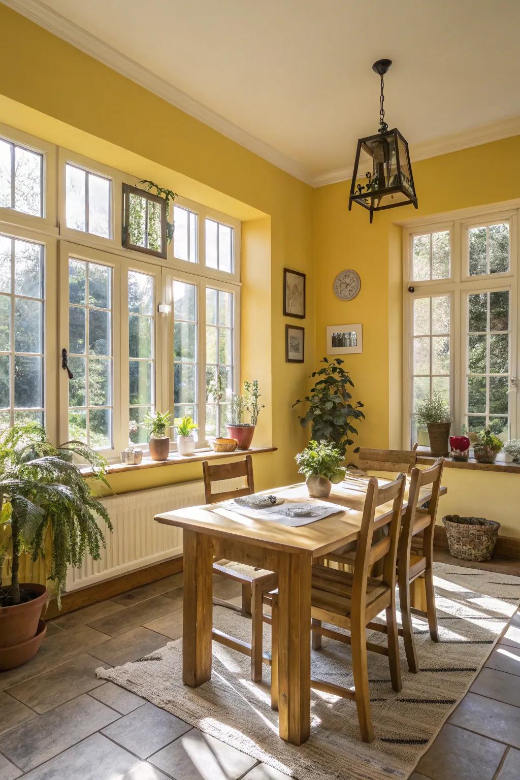 A radiant and cheerful dining space brightened by yellow tones.