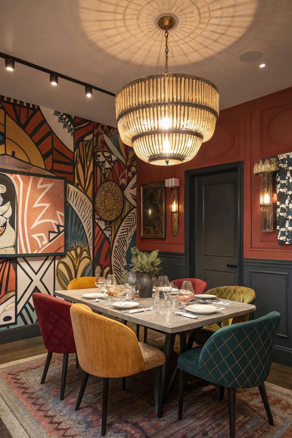 An artistic unit serves as a striking statement piece in this dining room.