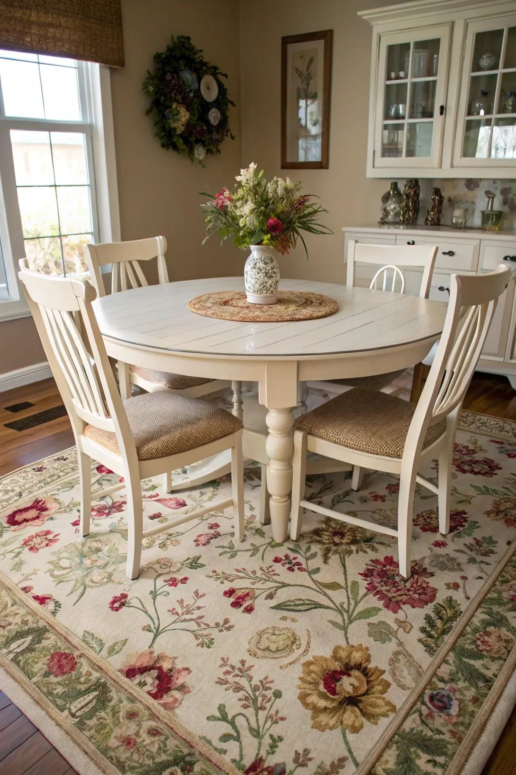Vegetal patterns imparting a sensation of revitalized exuberance within the dining space.
