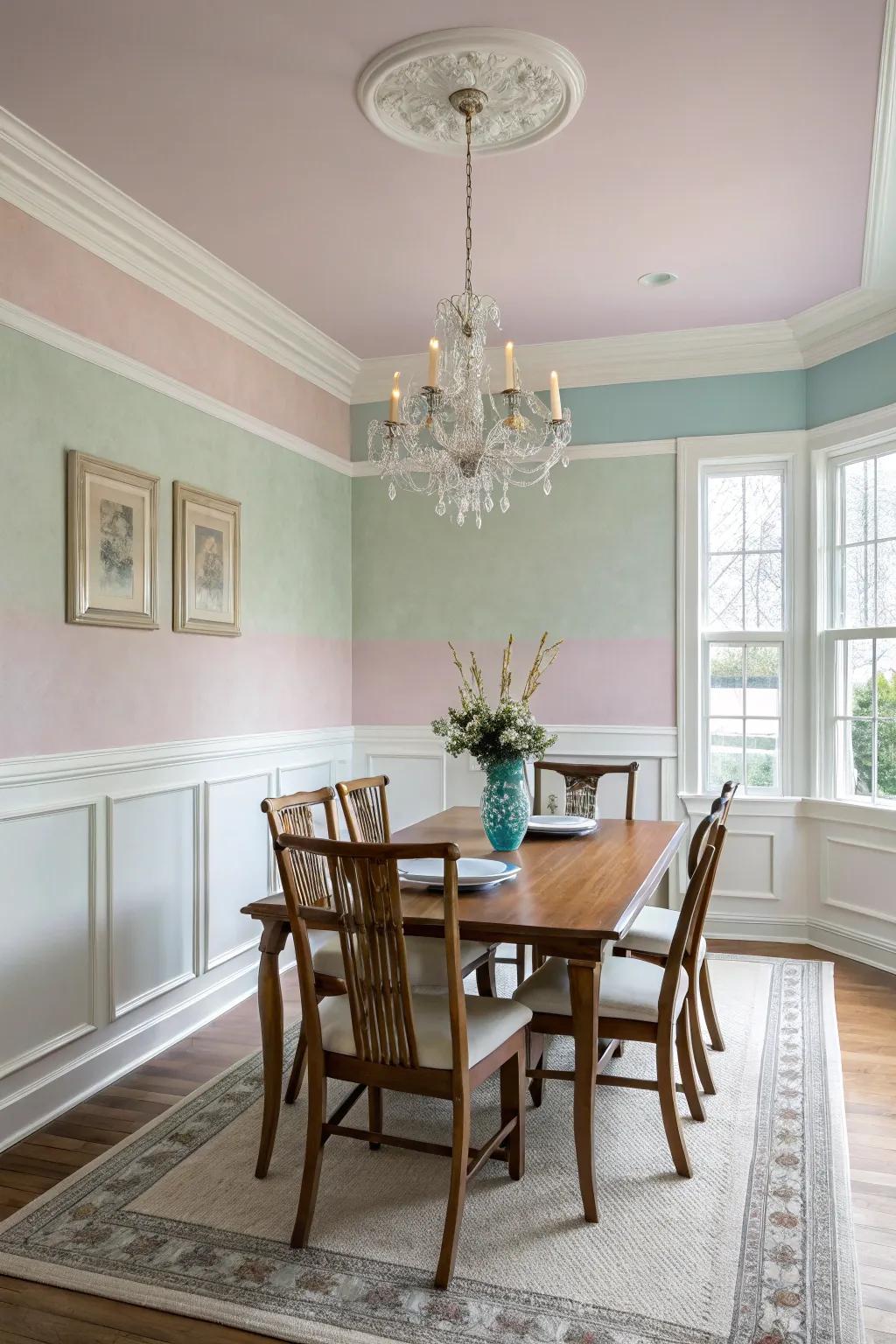 Gentle tints generate a peaceful and welcoming dining atmosphere.