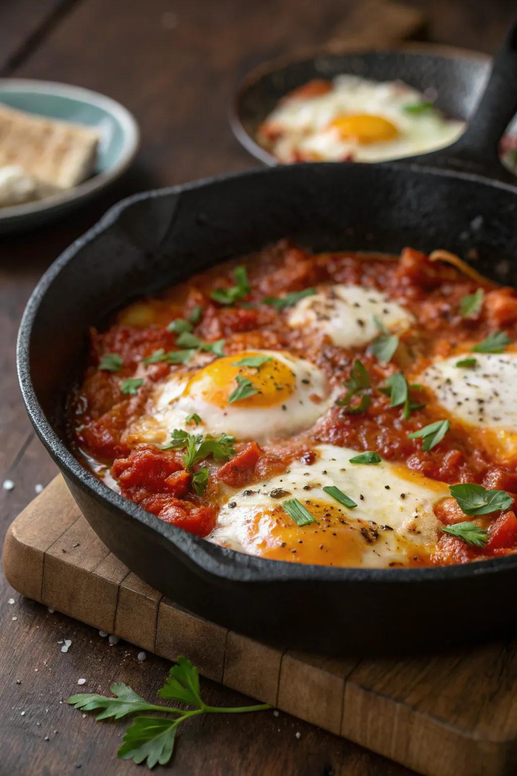 Shakshuka with poached eggs, delightful with rustic bread.
